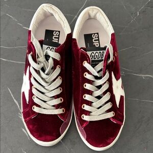 Golden Goose Red Velvet Sneakers with White Star